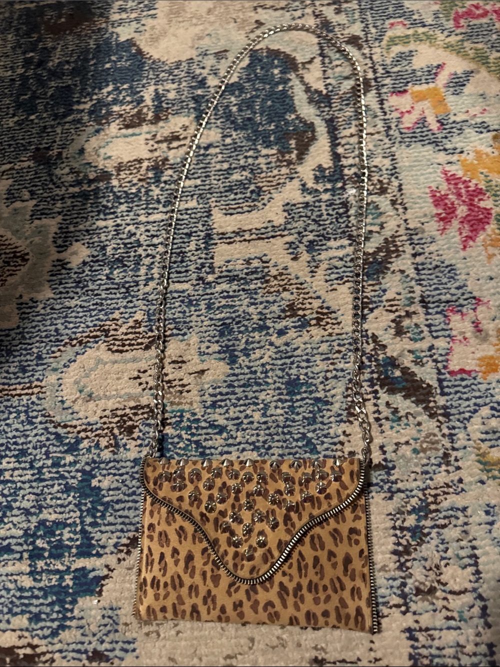 JJ Winters Leopard Print leather crossbody with Chain and zipper details